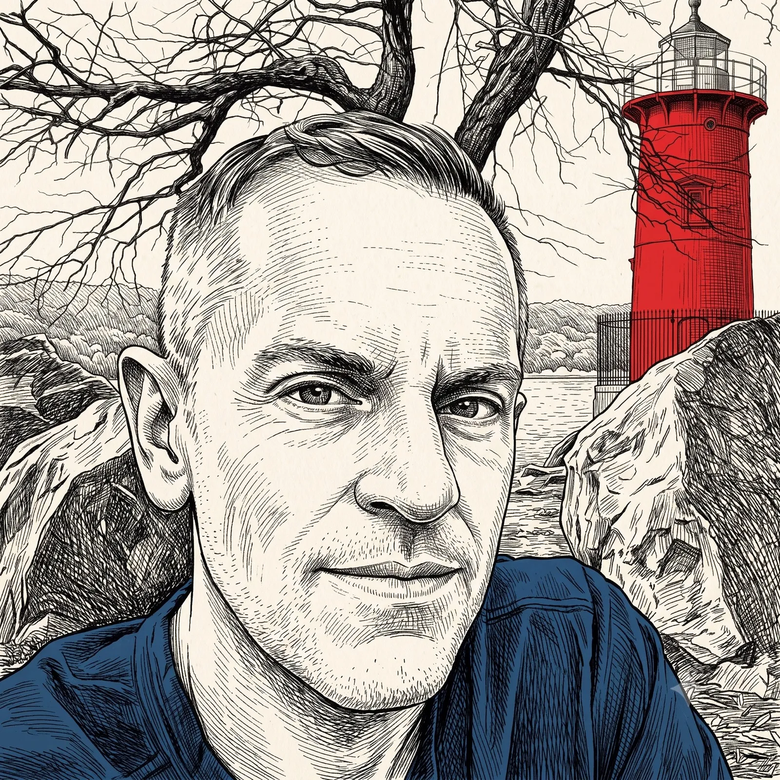 Illustrated portrait of Jeff Reid at the Little Red Lighthouse on the Hudson